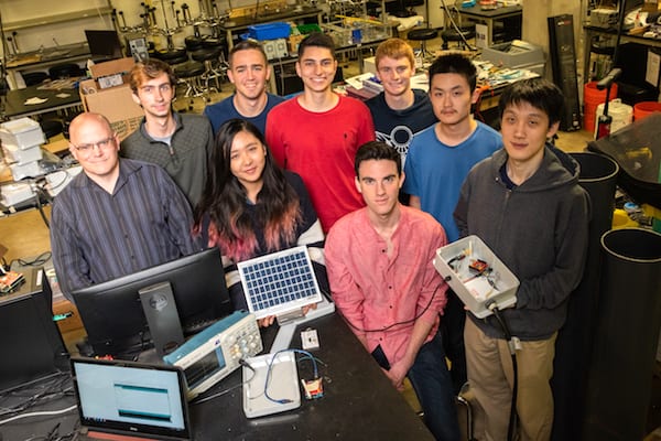 A team of Rice University students have developed an inexpensive flood monitoring system that can be deployed around a city to help first responders anticipate trouble spots during extreme weather. Members are, from left, adviser Gary Woods and students Justin Bryant, Alexandra Du, Alfonso Morera, Neil Seoni, Alexander Kaplan, Nicholas Lester, Jerry Lin and Kevin Wu. (Credit: Jeff Fitlow/Rice University)