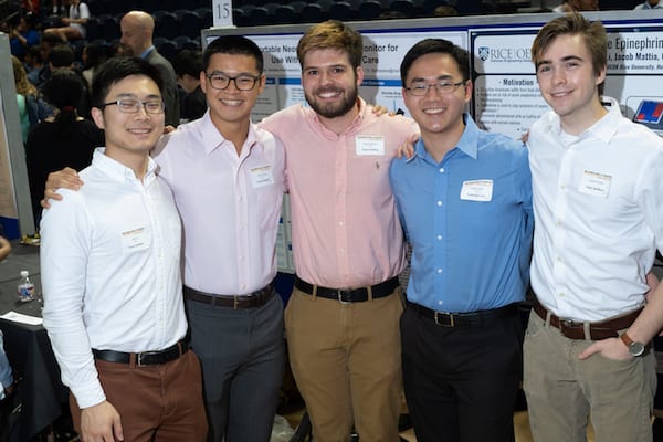 Rice University students calling themselves Team EpiWear prototyped a wearable epinephrine delivery device for people at risk of serious allergic reactions. From left: Alex Li, Justin Tang, Jacob Mattia, Albert Han and Callum Parks. (Credit: Jeff Fitlow/Rice University)