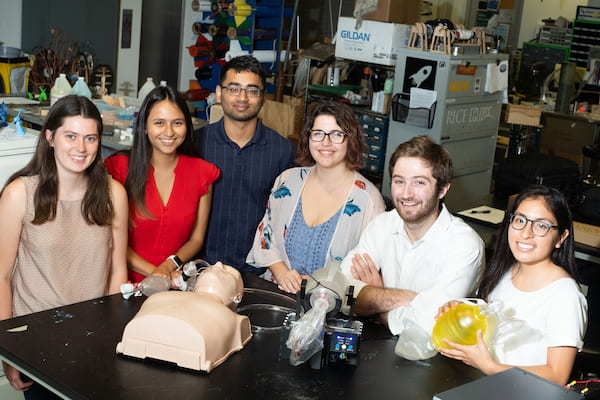 Rice University engineering students developed a bag valve mask compressor to automate the difficult task of feeding fresh air to patients' lungs, often for hours at a time. From left: Madison Nasteff, Carolina De Santiago, Aravind Sundaramraj, Natalie Dickman, Tim Nonet and Karen Vasquez Ruiz. (Credit: Jeff Fitlow/Rice University)