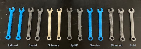 Various 3D wrenches printed at Rice’s Oshman Engineering Design Kitchen use little material but retain sufficient strength to be used in space. Two Rice senior capstone design teams worked with NASA to develop tools and database platforms for 3D printing devices in space or on Mars or the moon. (Credit: Live Long and Printer/Rice University)