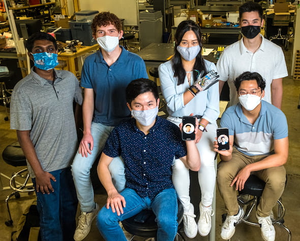 Rice University engineering students are developing a wearable device and app to reward the positive behaviors of people with trichotillomania, the compulsive pulling of hair. Team members, clockwise from top left, are Saideep Narendrula, Zachary Alvear, Linda Liu, Jack Wilson, Joshua Bae and Thomas Zhang. Missing from the photo but present via phone are Fredy Martinez, left, and Anirudh Kuchibhatla. (Credit: Photos by Jeff Fitlow/Rice University)
